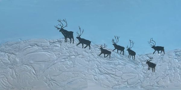 Acrylic painting titled 'Caribou Perilous Trek' featuring six black silhouettes of caribou walking