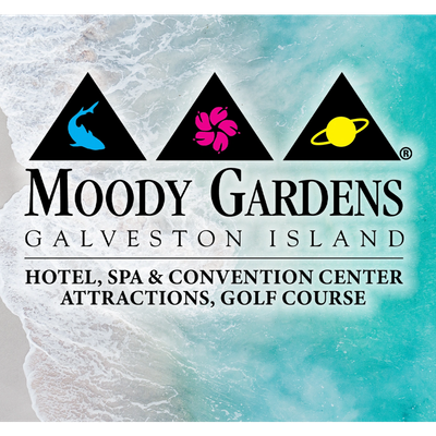Logo de Moody Gardens con fondo de playa y mar.