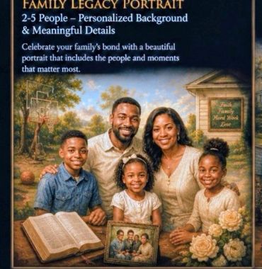 Family legacy portrait with personalized background and meaningful details.