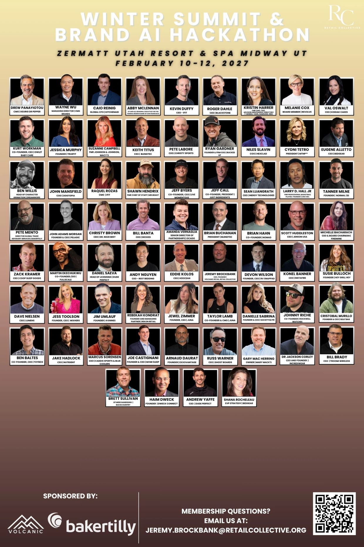 Collage of speakers for Winter Summit &amp; Brand AI Hackathon 2027 at Zermatt Utah Resort.