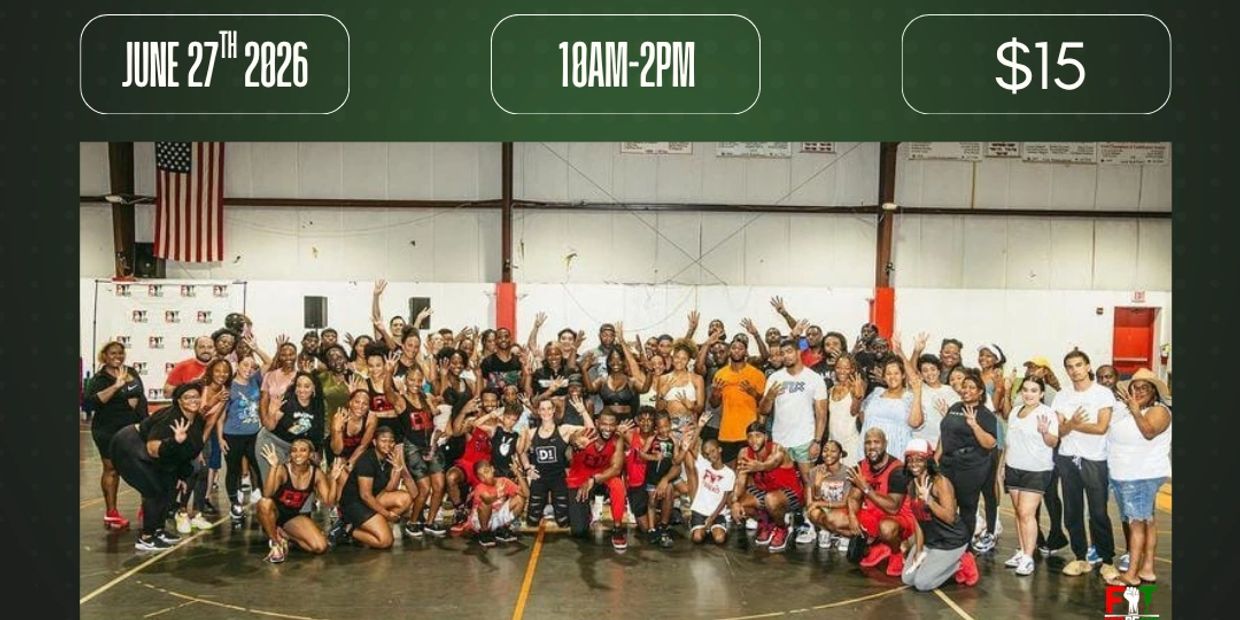 Large group photo at a fitness event on June 27, 2026, from 10AM-2PM, costing $15.