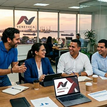 Team meeting at Veneteca office with a sunset harbor view.