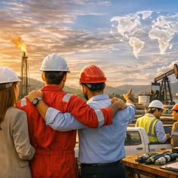 Engineers in hard hats discussing oil industry operations with global network overlay at sunset.
