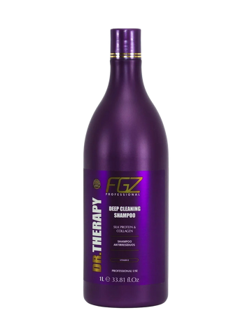 Purple bottle of FGZ Professional Dr. Therapy Deep Cleaning Shampoo.