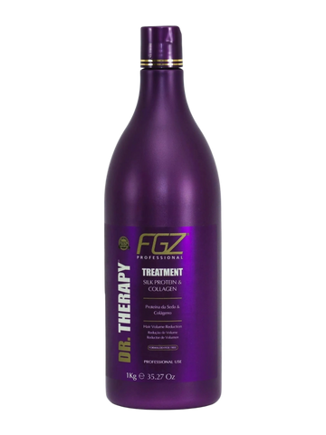Purple bottle of FGZ Dr. Therapy hair treatment with silk protein and collagen.
