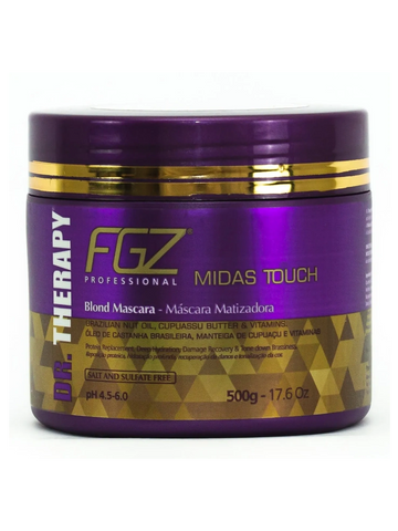 Purple and gold container of FGZ Professional Midas Touch Blond Mascara for hair therapy.