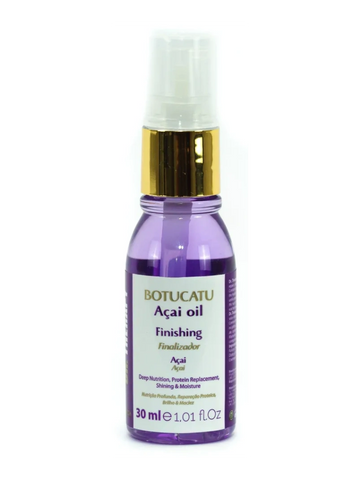 A purple bottle of Botucatu Açaí oil finishing spray with gold and clear cap.