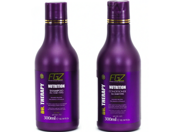 Two purple bottles of FGZ Nutrition shampoo and conditioner for all hair types.