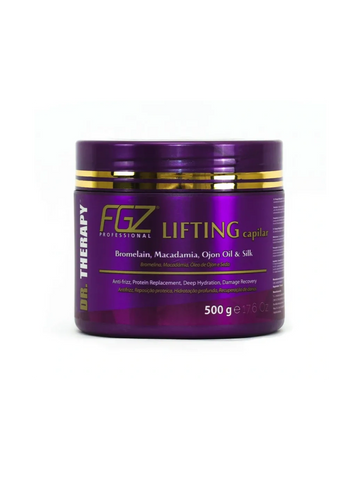 Purple jar of FGZ Professional Lifting hair treatment with macadamia and ojon oil.