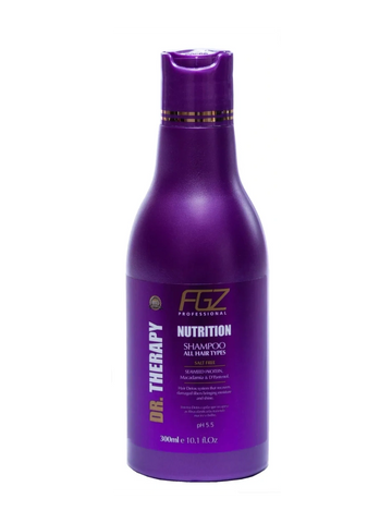 Purple bottle of FGZ Professional Dr. Therapy Nutrition Shampoo for all hair types.