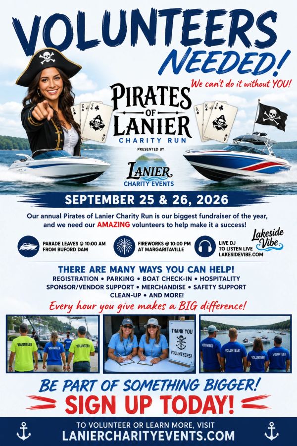 Volunteer call for Pirates of Lanier Charity Run on Sept 25-26, 2026.