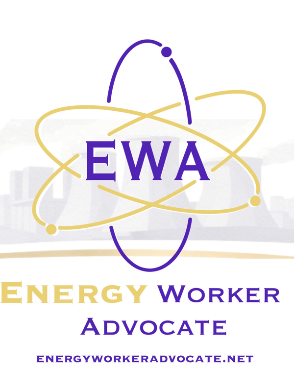 Logo with EWA in the center and words that say energy worker advocate.  Colors are purple and yellow