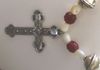 EE 313 Belle Cross: Vintage Bell Southwestern Sterling Silver Cross necklace strung with old faceted Red Glass Beads from Nepal and vintage Mother of Pearl beads, accented with four Ethiopian Metal Spacers and six Red Tubular Glass Beads from Nepal. $85