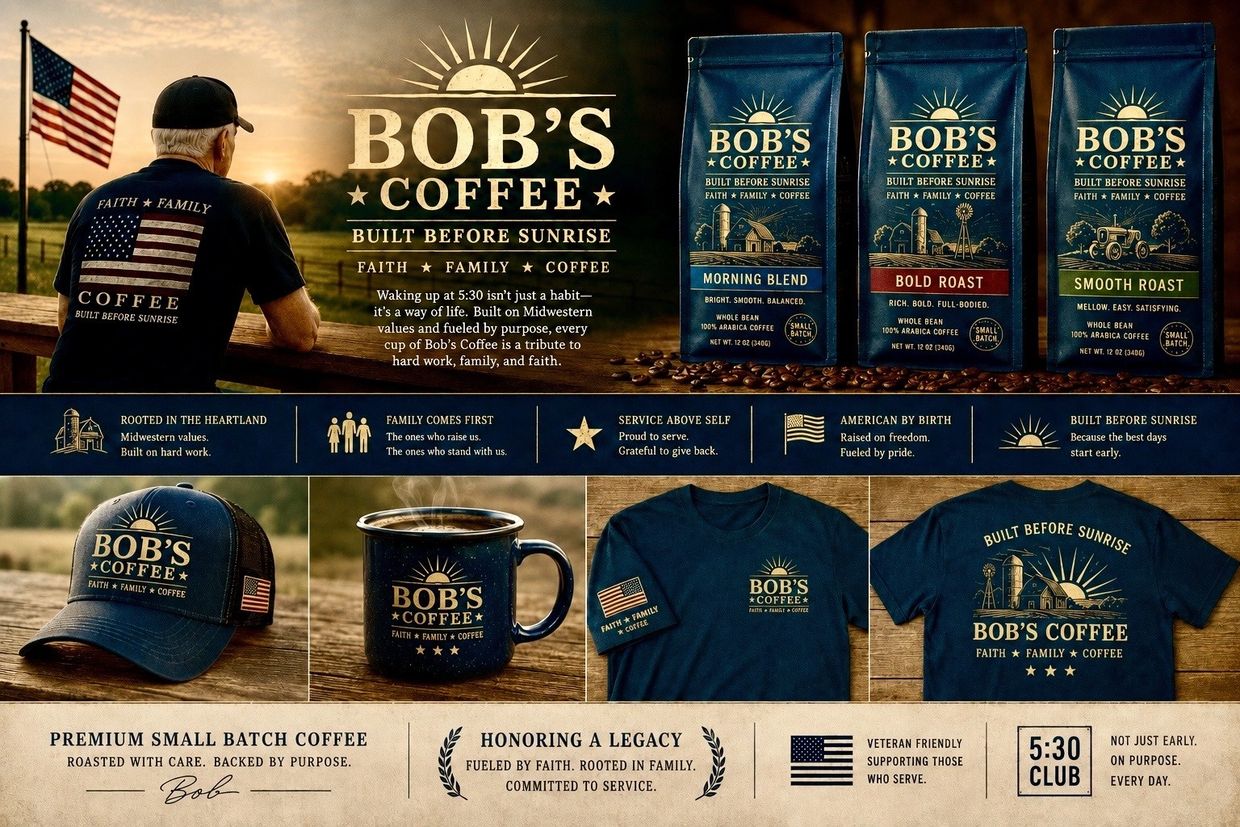 Bob's Coffee promotes faith, family, and hard work with premium blends and merchandise.