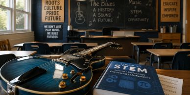 Electric guitar on a desk with STEM book in a classroom.