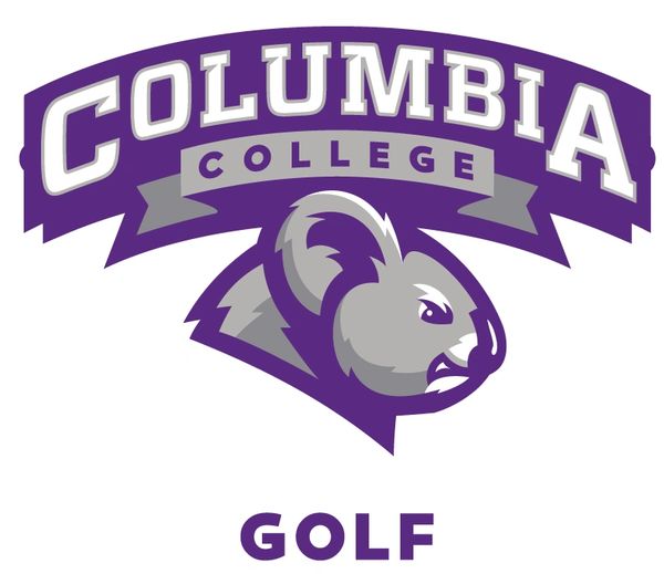 Columbia College Golf logo with a fierce koala mascot in purple and gray.