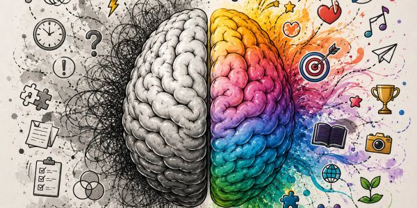 Colorful brain showing left analytical and right creative sides.