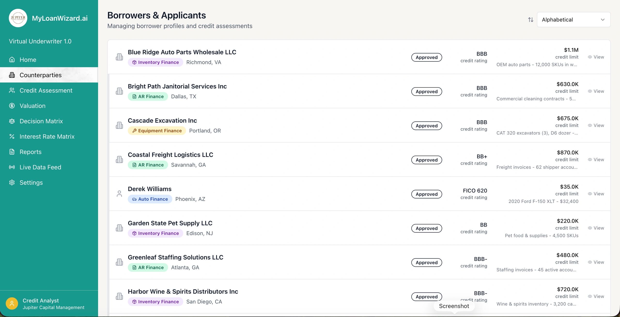 Loan application dashboard showing borrowers, credit ratings, and limits.