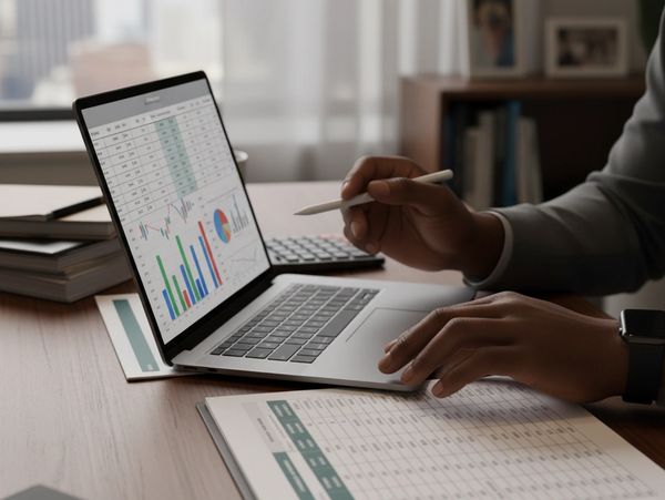Person analyzing data charts and graphs on laptop and papers at desk.