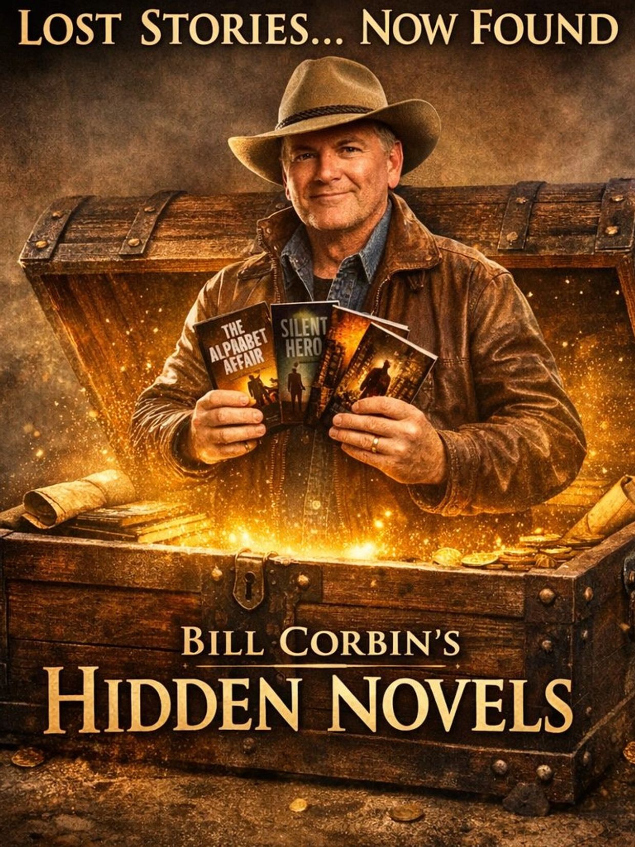 Man revealing hidden novels from a treasure chest.