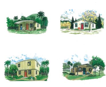Four illustrations of small metal homes