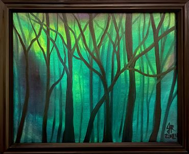 Trees - oil painting on 16x20 canvas. Dark, straight, leafless trees against a green background.