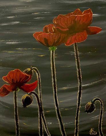 Poppies by Water - 20x16 canvas. Showing red poppies against sparkling water.