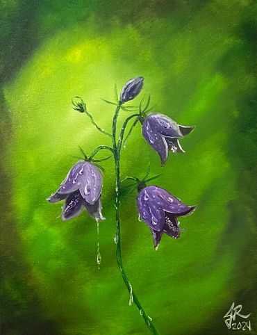 Weeping Bluebells - oil on 14x11 canvas. Showing purple bluebell flowers with water drops.