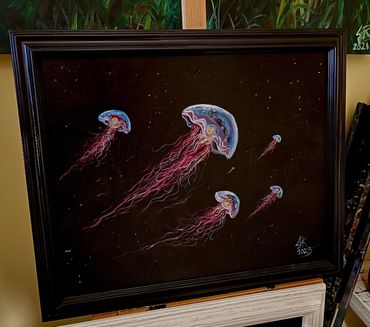 Bioluminescent Jellyfish. Oil painting on 16x20 canvas. This image shows glowing jellyfish against a