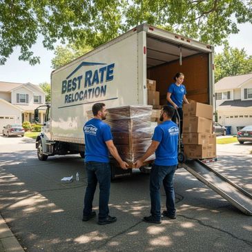 Three movers loading boxes into a Best Rate Relocation truck on a sunny day.
