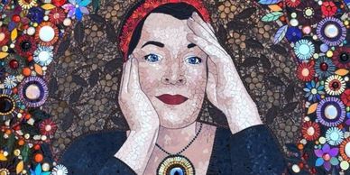 Mosaic portrait of a woman with hands on her face surrounded by colorful flowers.