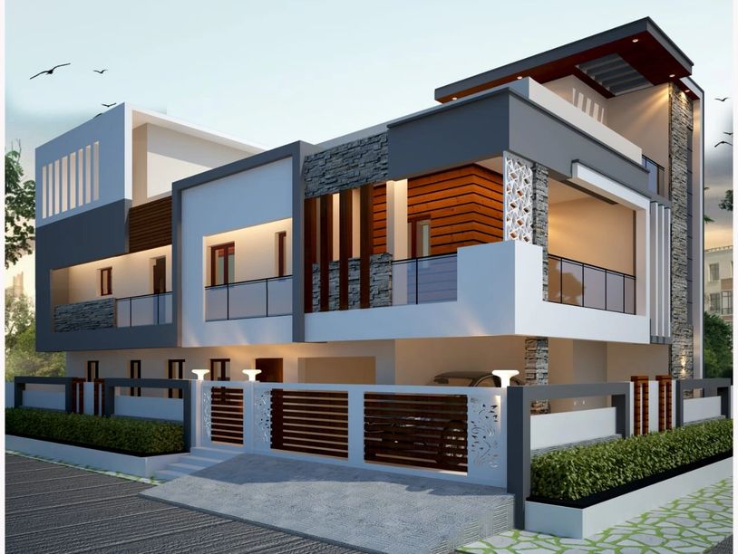 Modern two-story house with stone, wood accents, and glass railings.