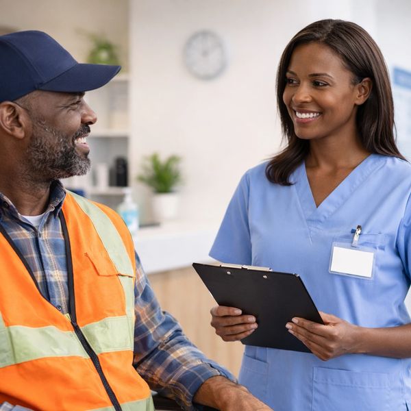 A nurse talks with a smiling construction worker in a clinic.