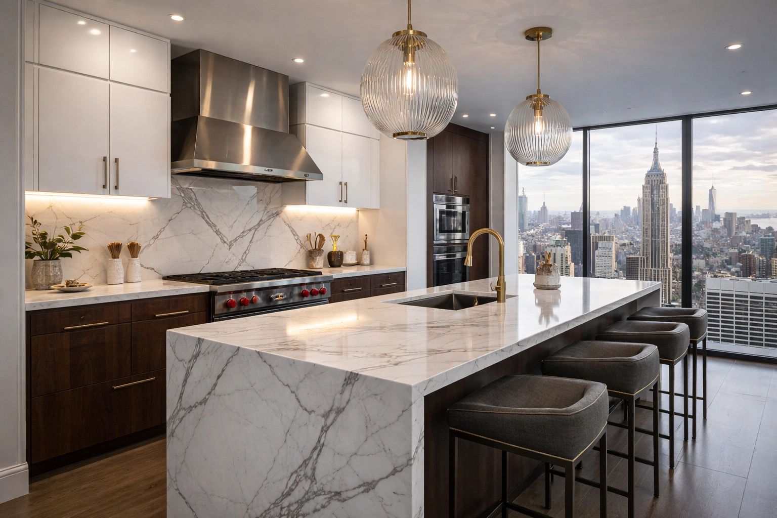 Remodeled NYC kitchen with marble waterfall island by Agalliu Contracting