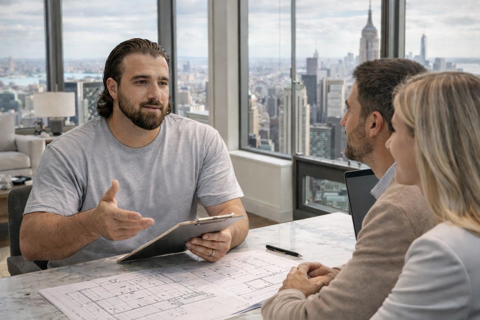 Agalliu Contracting reviewing renovation plans with clients in a Manhattan office