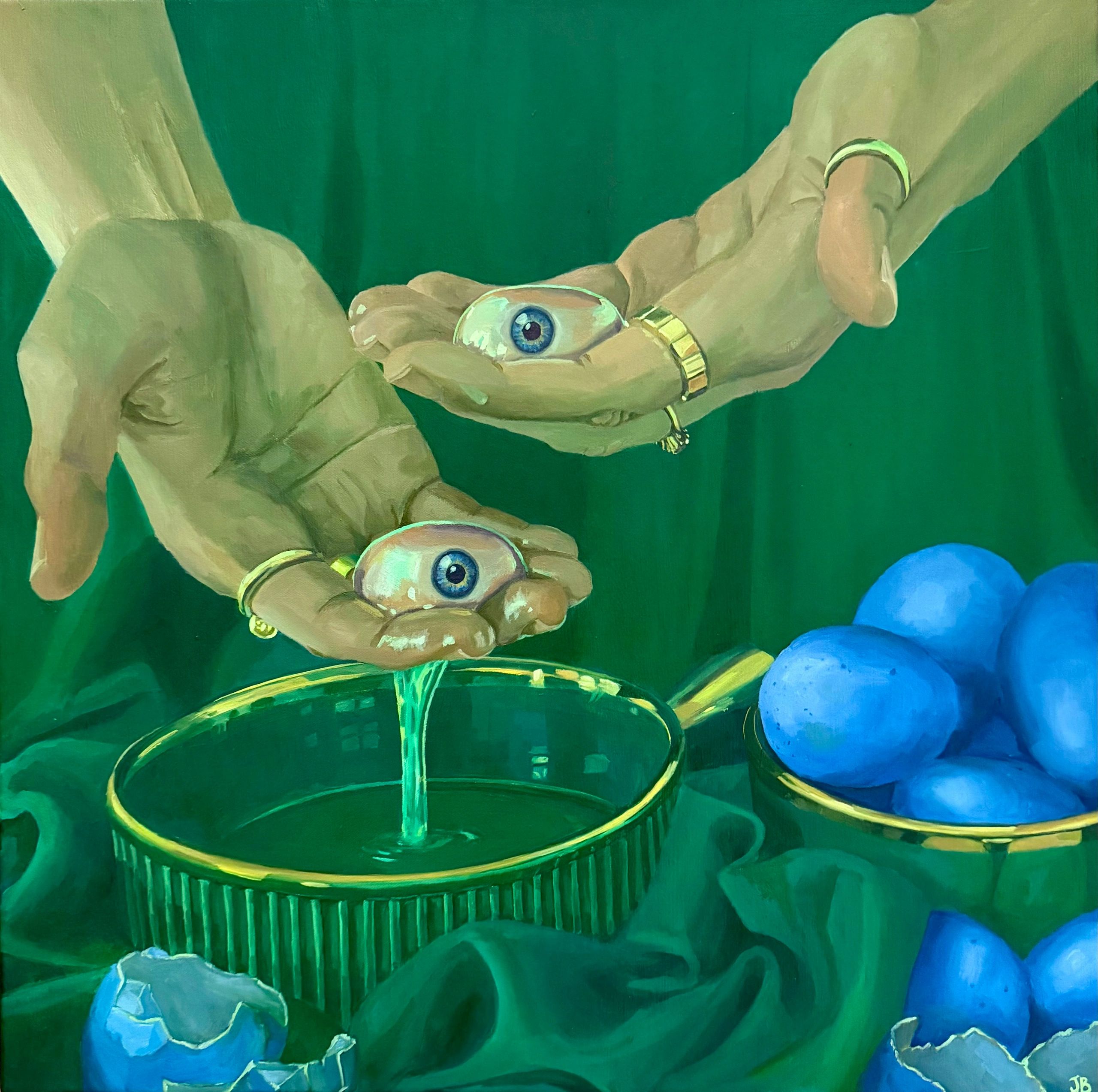 Surreal painting of hands holding eyeballs over a glass with blue eggshells.