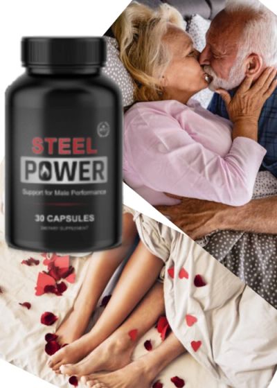 Steel Power supplement for male performance, shown with romantic elderly couple and rose petals on bed.