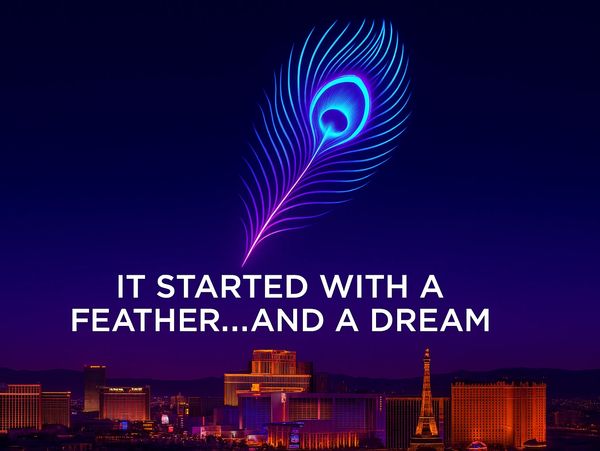 Neon feather above a vibrant city skyline with the words 'It started with a feather...and a dream'.