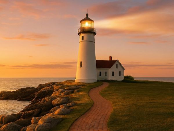 A lighthouse glowing warmly at sunset by the rocky coast.