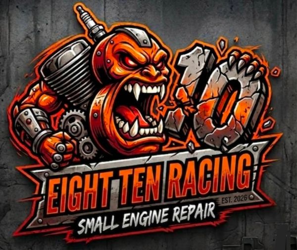 Fierce mechanical character logo for Eight Ten Racing engine repair.