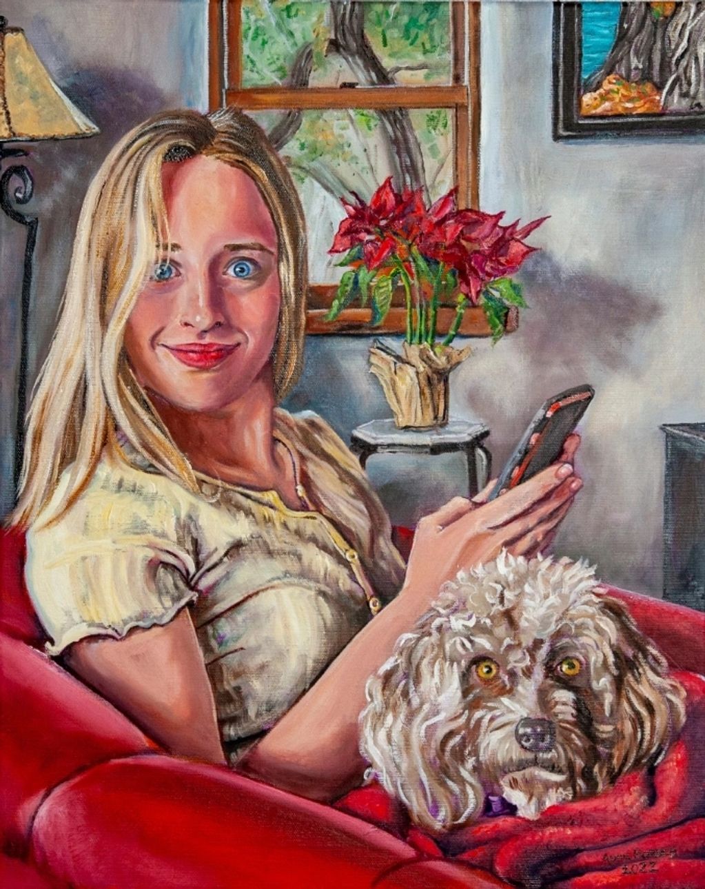 Young woman sitting in red chair holding phone with white dog in lap. Both are looking up surprised.