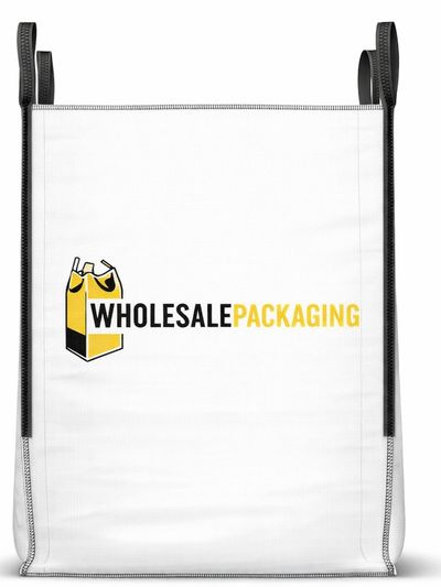 White reusable bag with Wholesale Packaging logo in black and yellow.