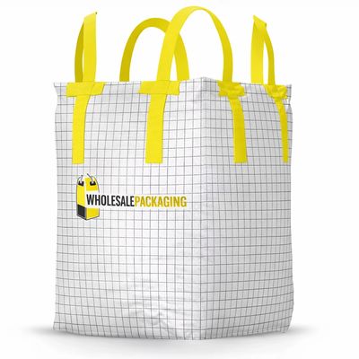 White grid-patterned bulk bag with yellow handles and Wholesale Packaging logo.