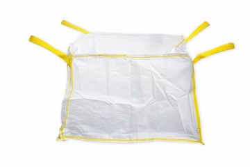 White woven bulk bag with yellow straps on a white background.