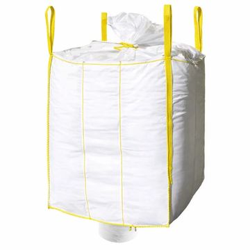 Large white bulk bag with yellow straps and stitching, designed for heavy material storage.