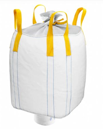 White bulk bag with yellow lifting loops and a spout bottom.