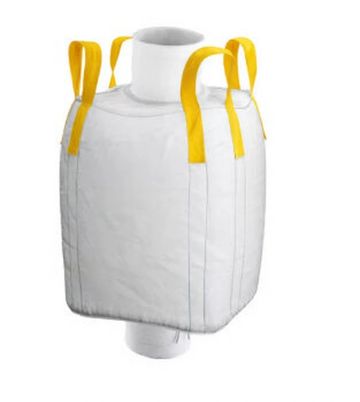 White bulk bag with yellow lifting loops and cylindrical spouts on top and bottom.