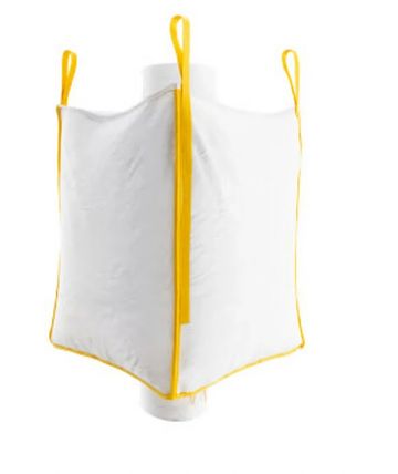 White bulk bag with yellow loops and edges, designed for carrying heavy materials.