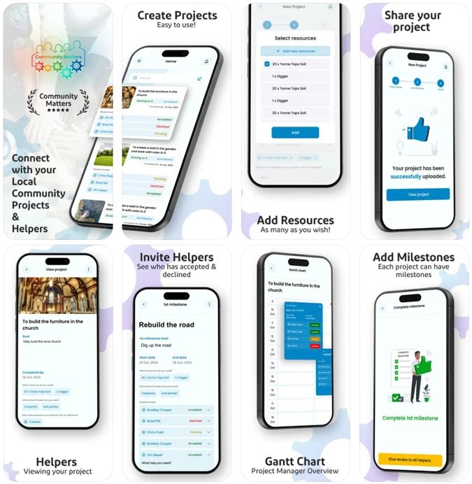 App for community projects to create, manage resources, and track progress with milestones.