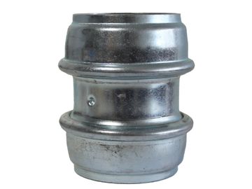 A metallic pipe connector fitting.